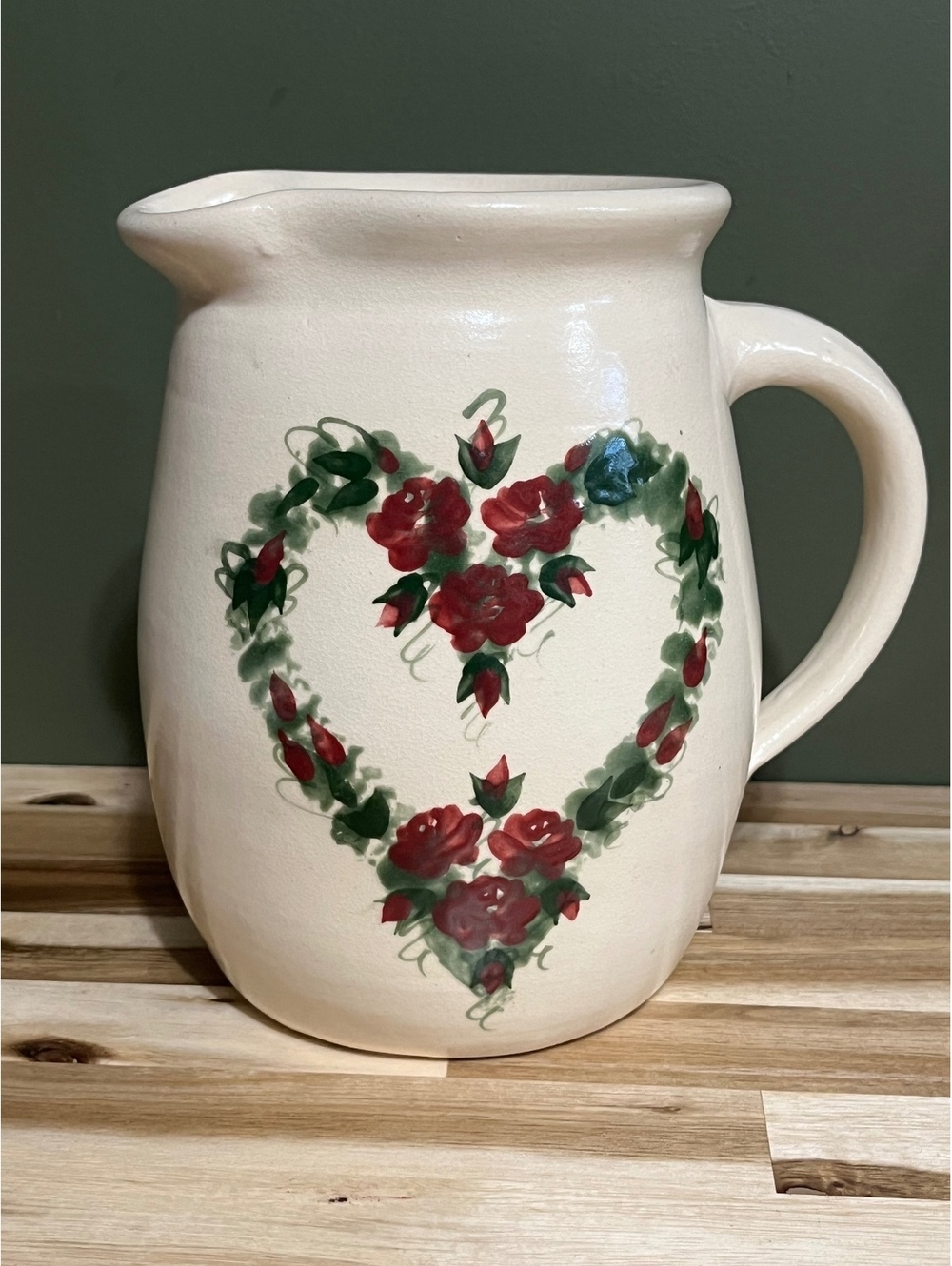 East Texas Pottery Hand-Painted Floral Heart Ceramic Pitcher, Microwave and Dish